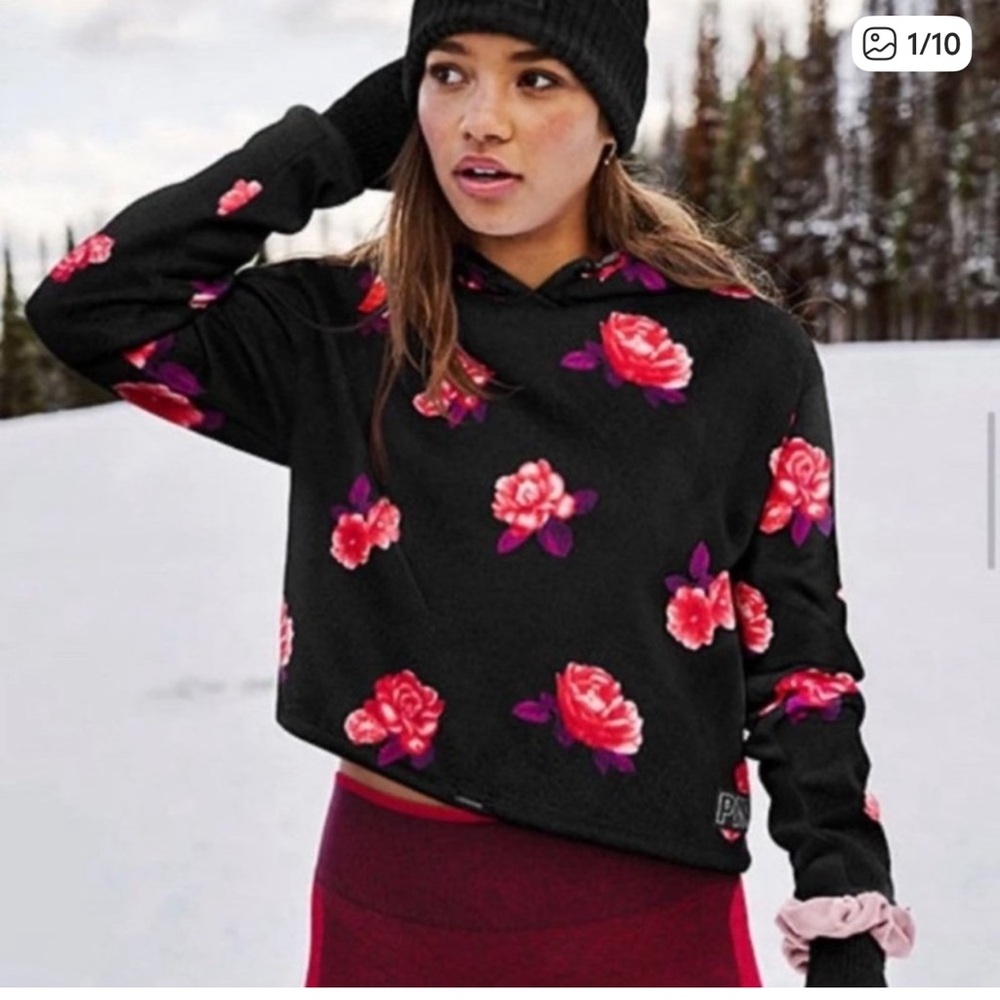 PINK Victoria's Secret Black Sweatshirt with Red and Pink Floral Design Hoodie